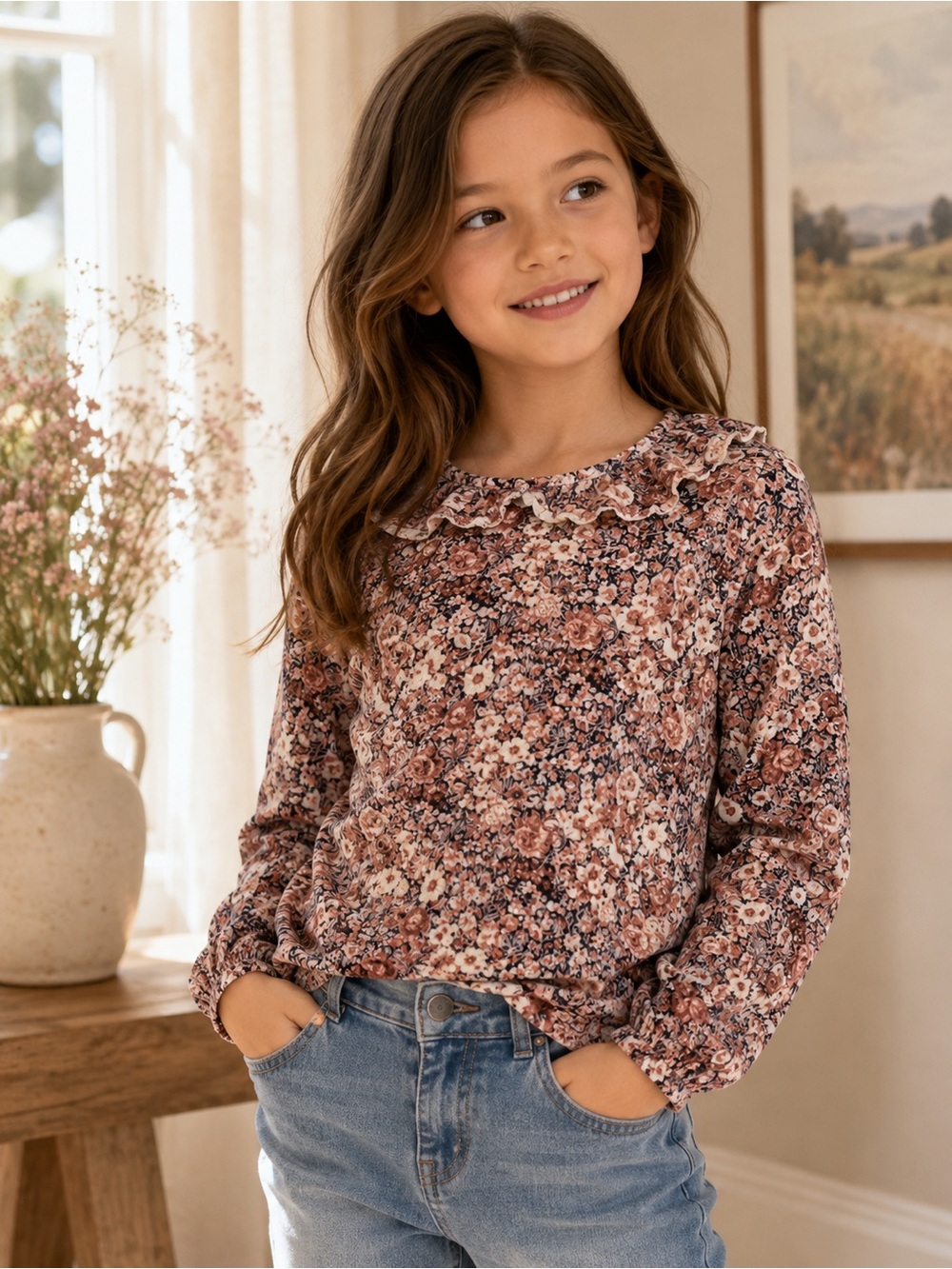 Janie & Jack Floral Dusty Pink Ruffle Collar Long Sleeve Top Girls Size 7